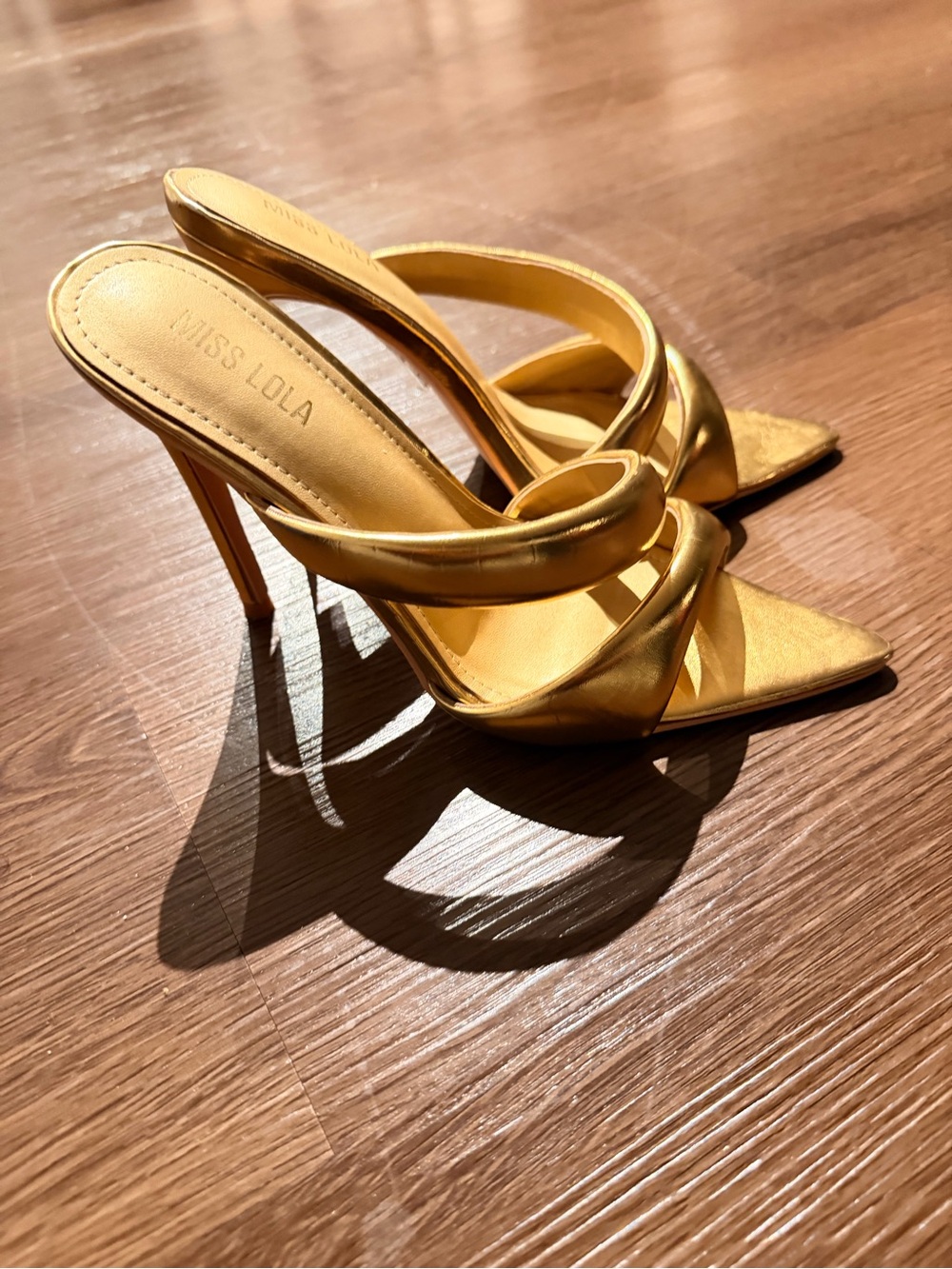 Miss Lola Metallic Gold Twist-Strap Stiletto Mules